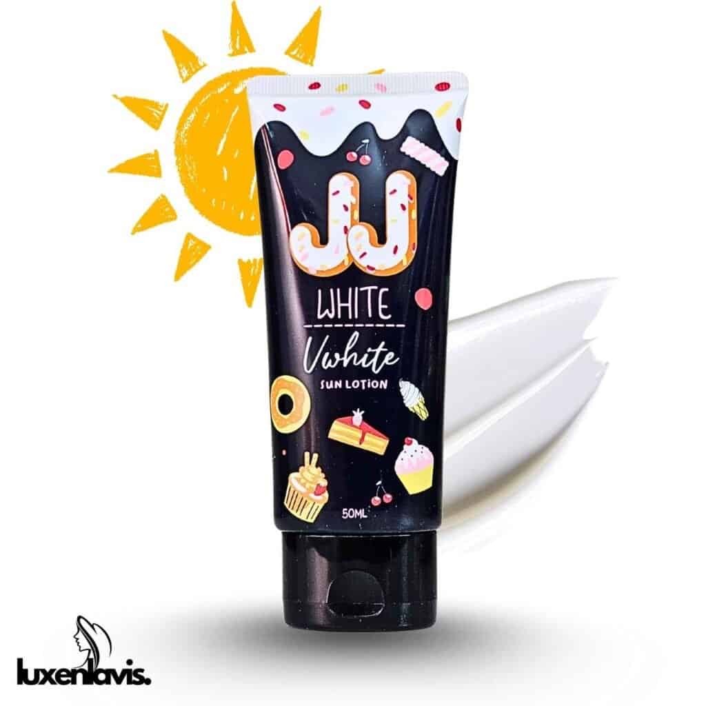 Bright sun drawing with a white sun lotion tube with colorful dessert illustrations, creative skincare product display.