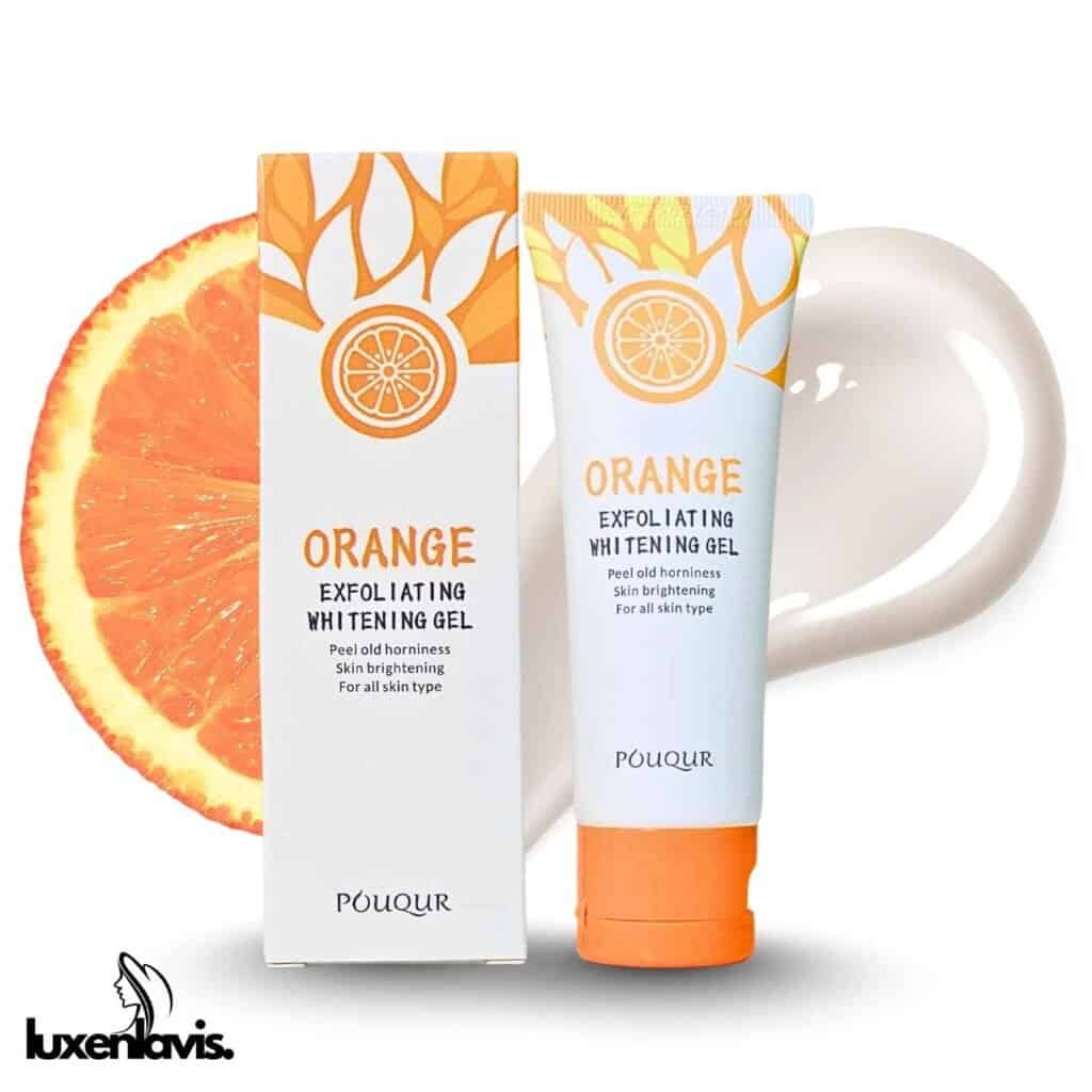 Bright orange exfoliating whitening gel tube with fruit design, natural skincare product.